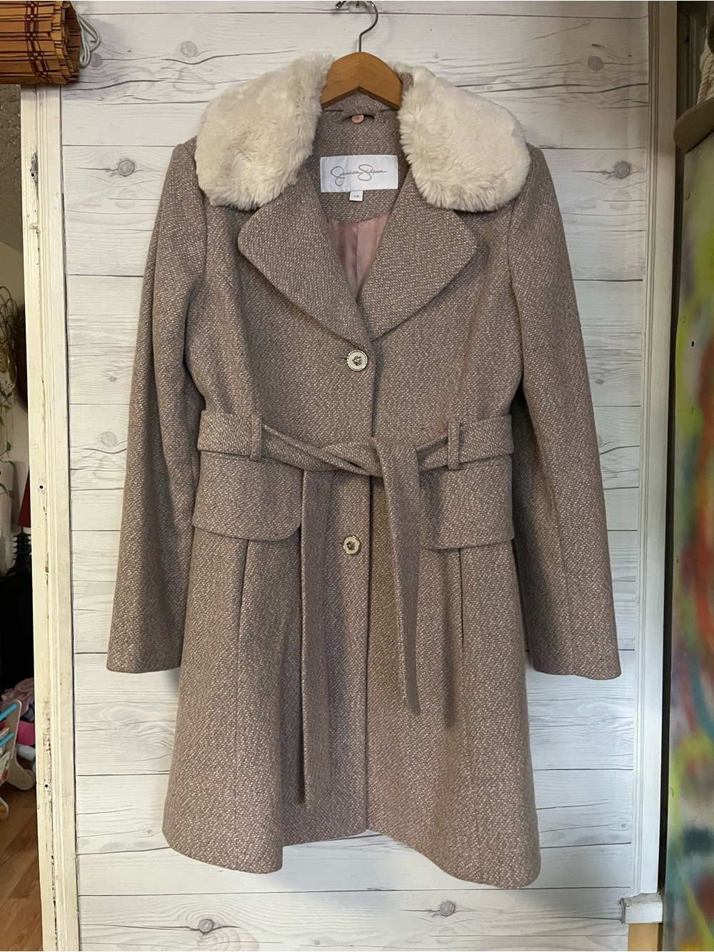 Jessica Simpson Tweed Peacoat Faux Fur Collar Belted Wool Blend Large NWOT